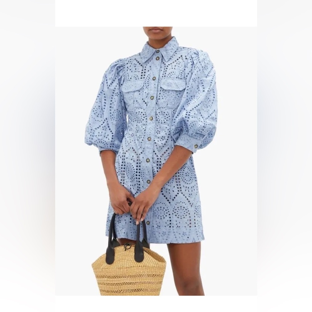 GANNI Light Blue Cotton Broderie Anglaise  Eyelet Shirt dress